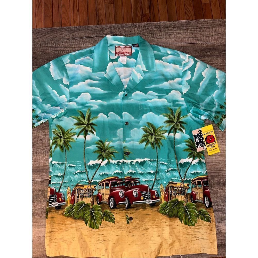 NWT Men’s RJC Hawaiian Shirt Large Blue Beach Made in Hawaii